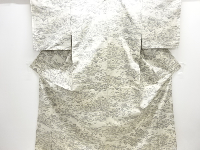 家屋風景模様織り出し十日町紬単衣着物